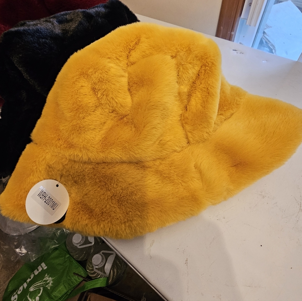 Yellow, Red, Black And Pink Faux Fur Bucket Hats